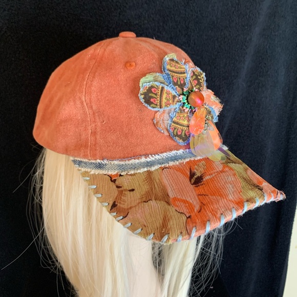 Embellished Orange Cap with Floral Accent - Picture 8 of 8